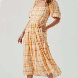NWOT ASTR The Label Llana Tiered Backless Midi Dress Yellow Orange Plaid Large